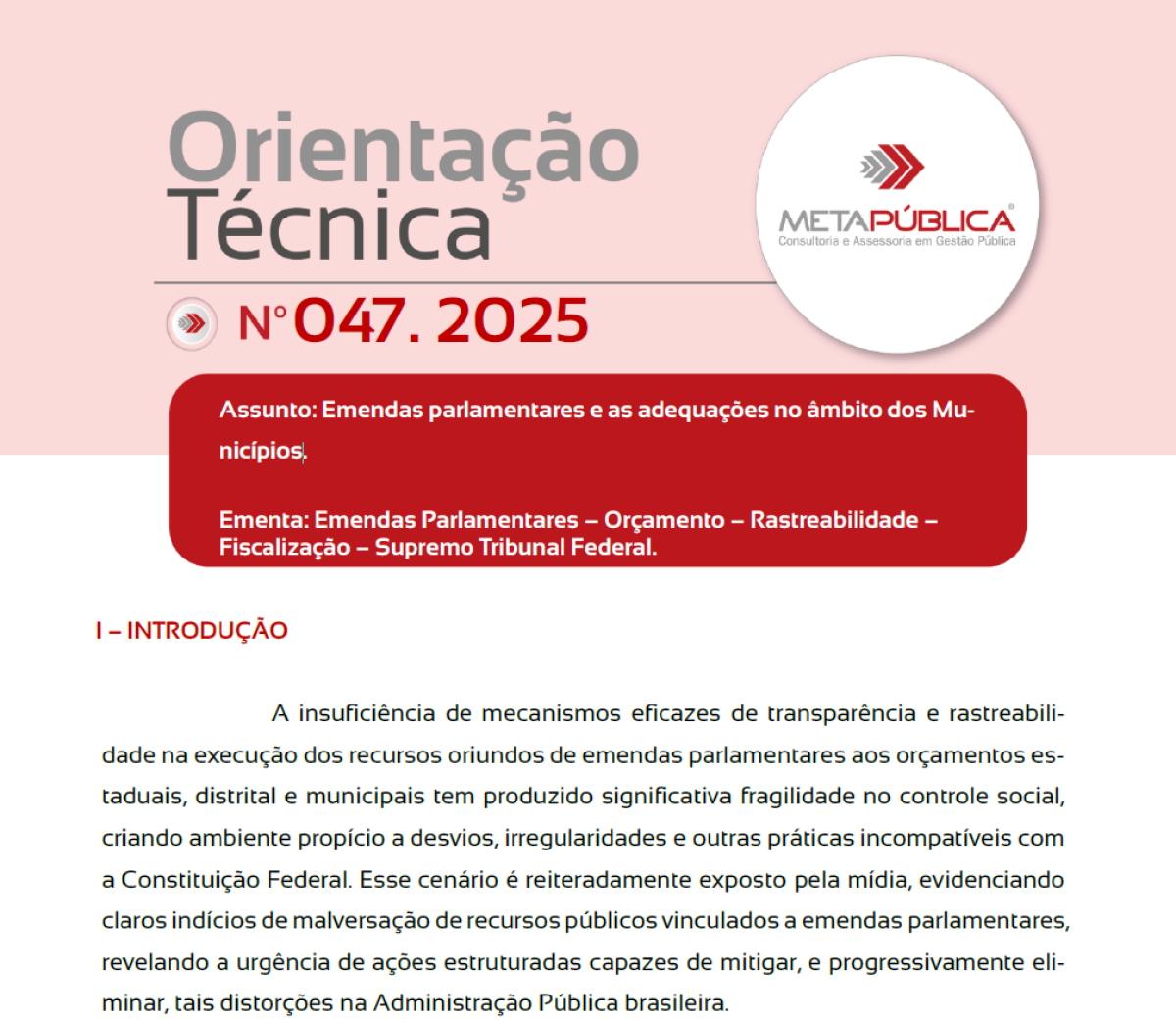 Imagem principal de ORIENTAÇÃO TÉCNICA Nº 47/2025 - EMENDAS PARLAMENTARES